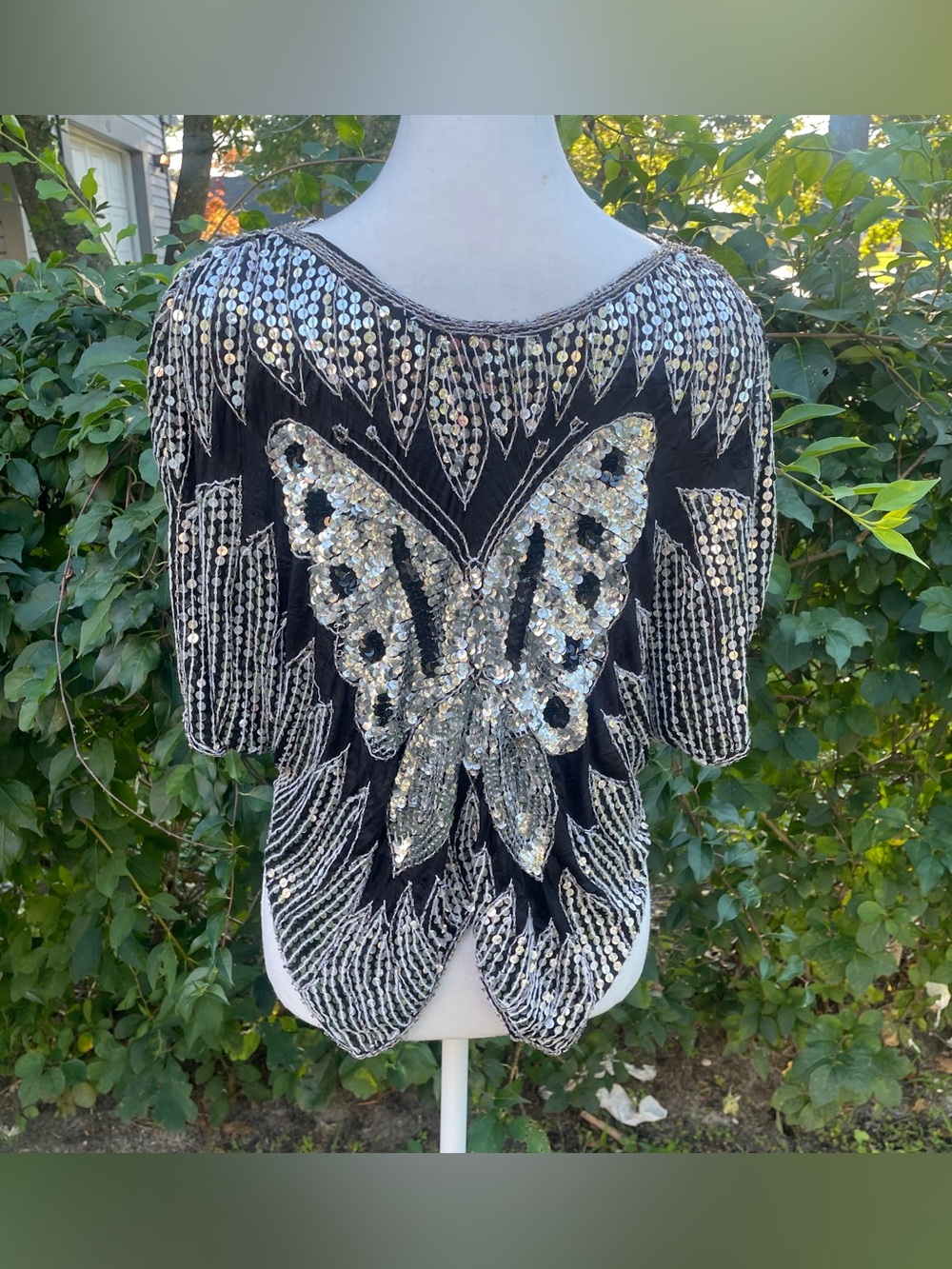 Y2K Butterfly Sequin Silk Top Silver and Black Vintage M Sequin McBling